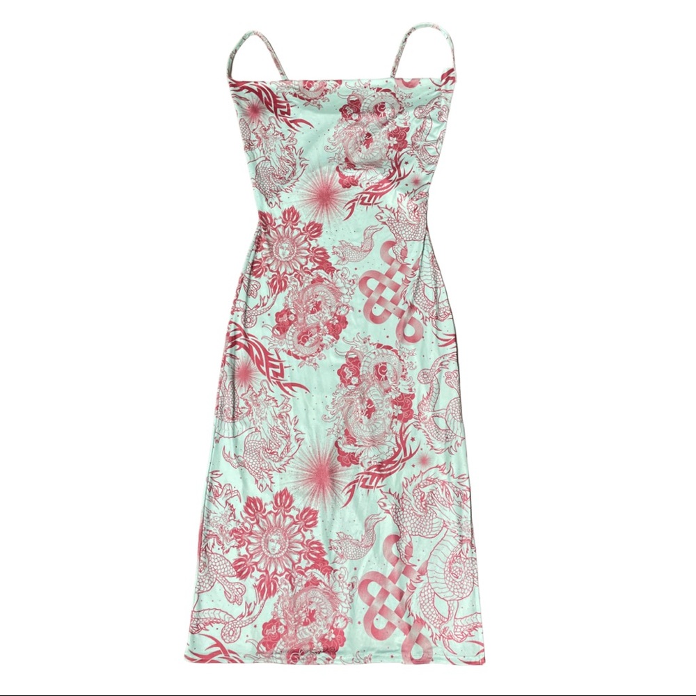Pink/Blue Floral Multi Pattern Dragon Print Dress